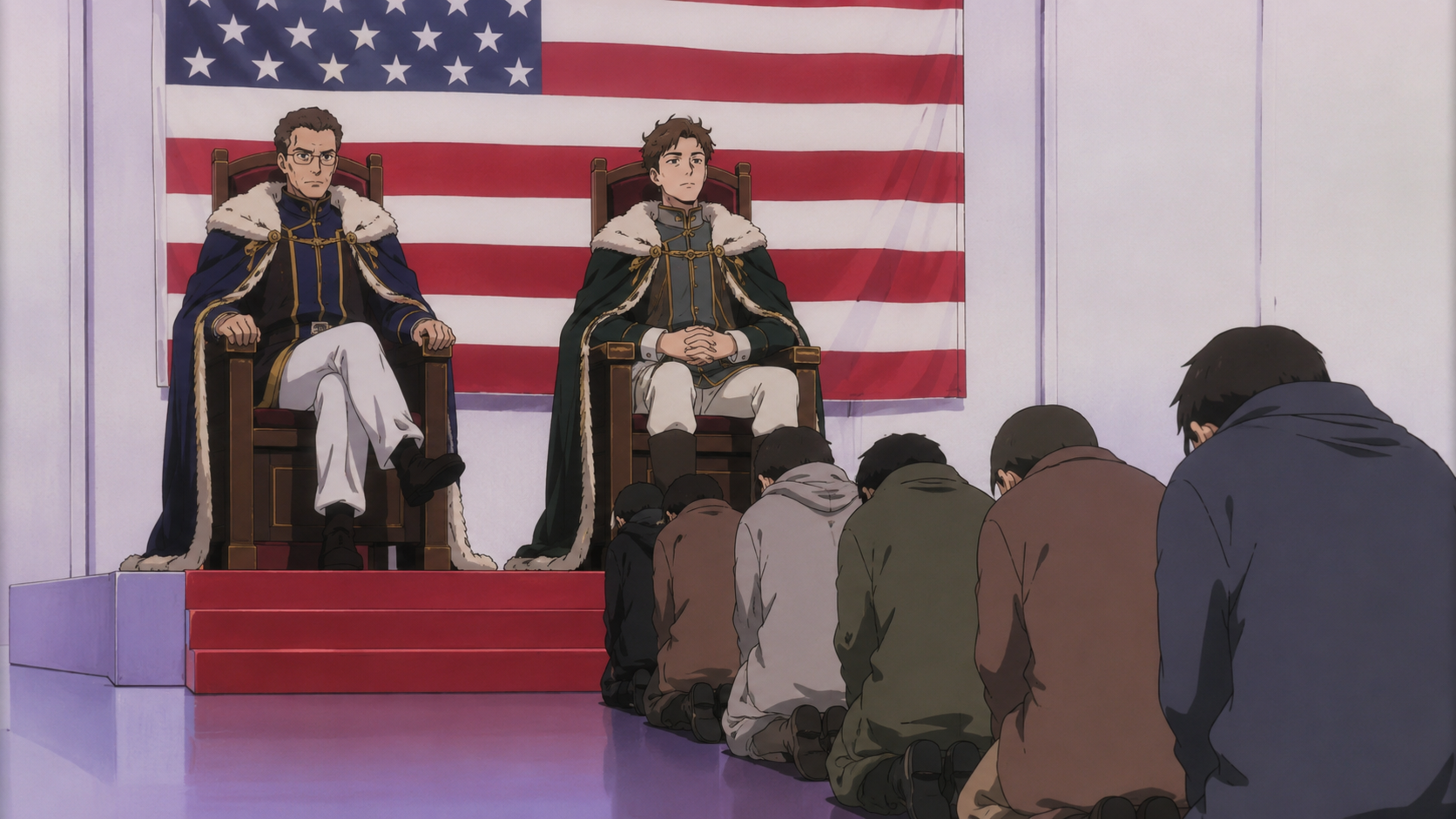 Ceremonial scene under the American flag