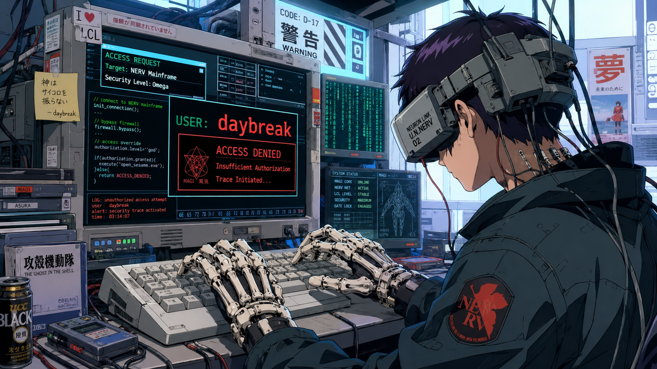 Anime-style cyberpunk hacker wearing a bulky VR headset and skeletal mechanical gloves types at a cluttered workstation, while monitors flash “daybreak” and “ACCESS DENIED” amid code, cables, and warning panels.