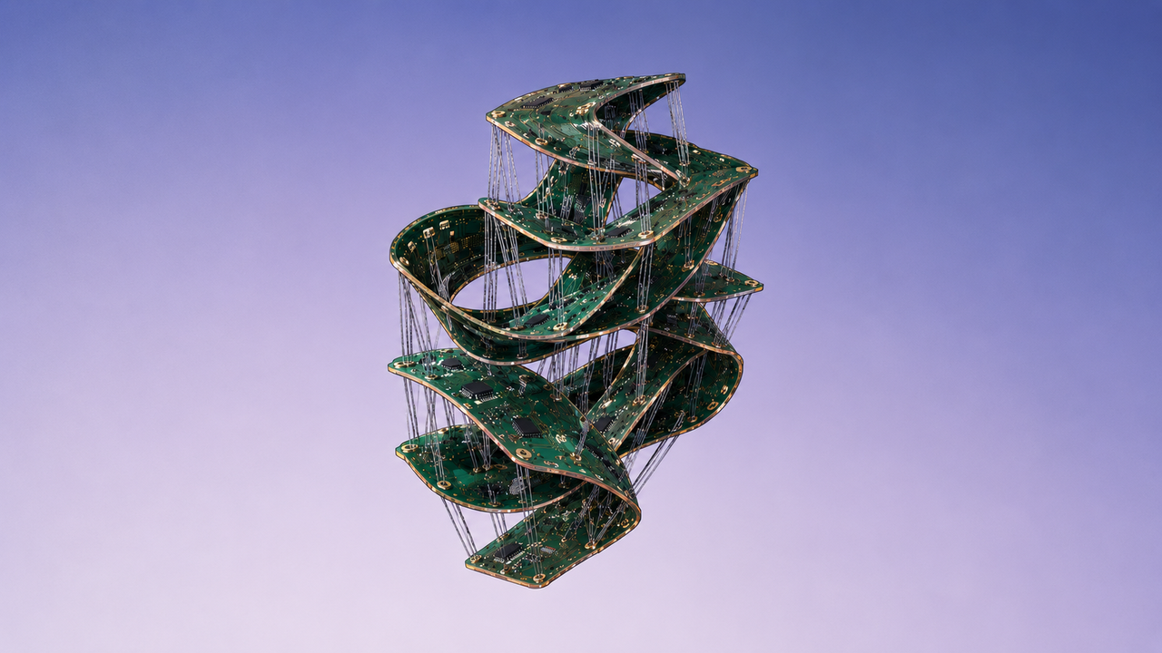 Abstract circuit board spiral sculpture