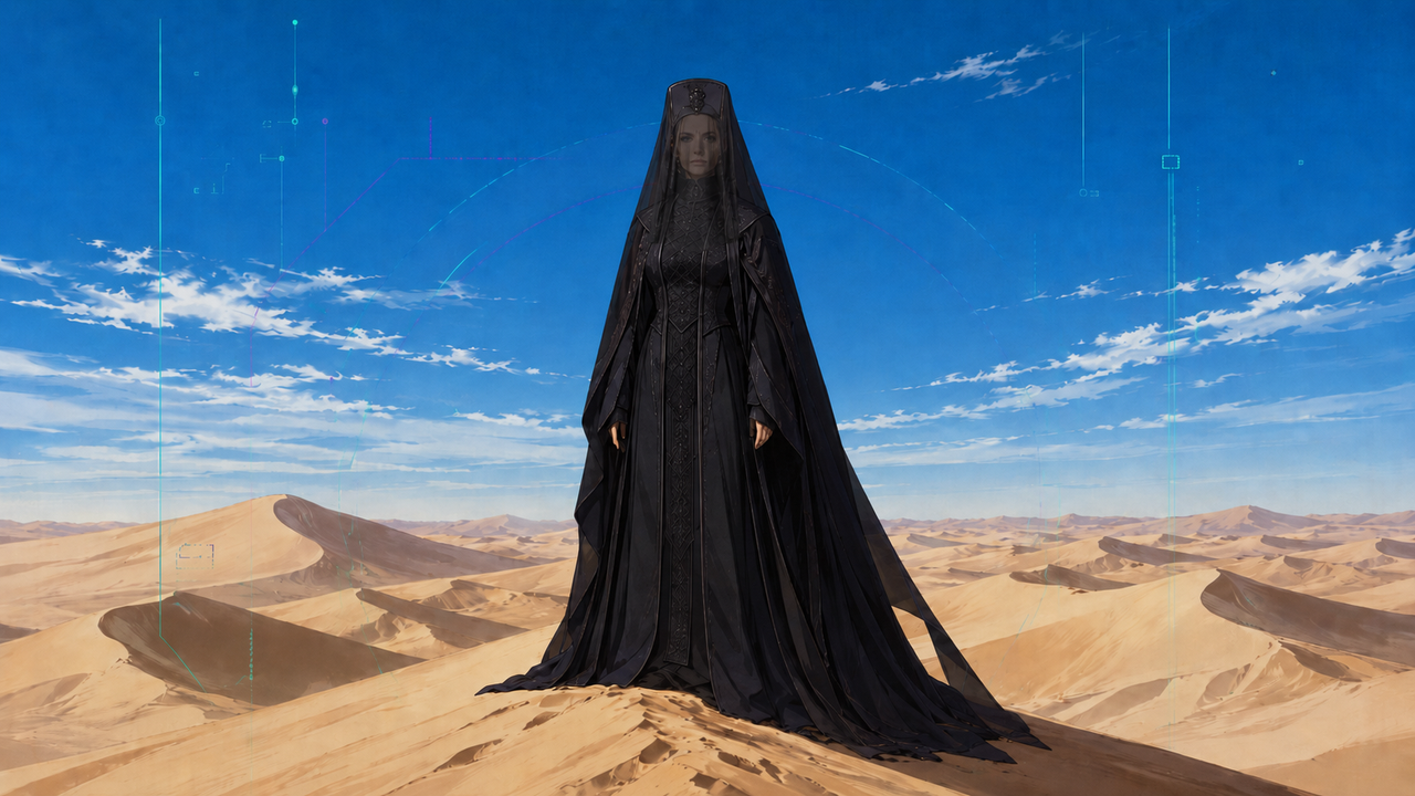 Veiled figure in a vast desert.