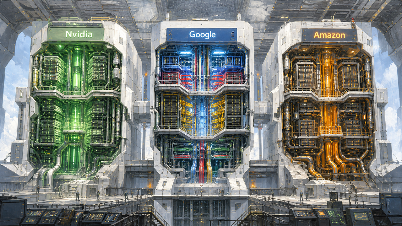 Nvidia, Google, and Amazon depicted as supercomputers.